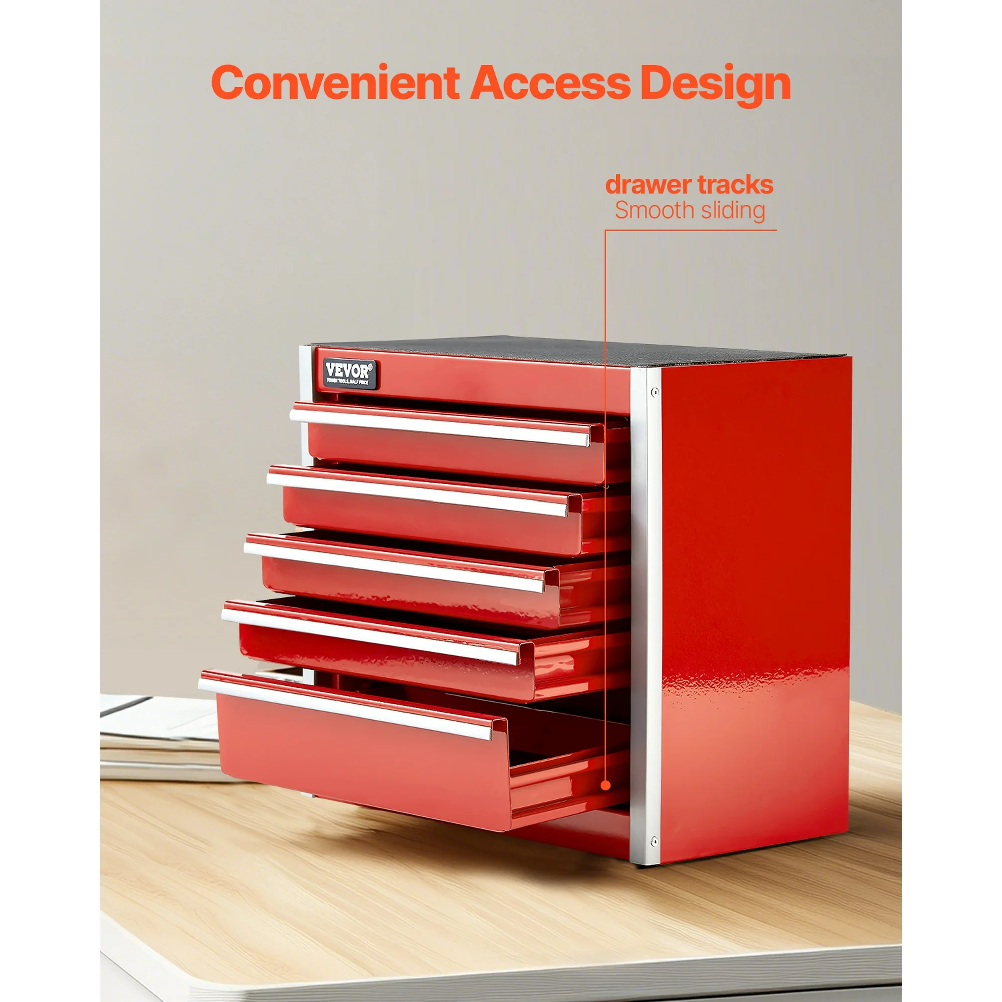 VEVOR Metal Tool Box, 8.6-inch, Portable Metal Tool Box with 5 Drawers, Small Tool Chest with EVA Liners and PP Feet Pads, Heavy-Duty Steel With Ball Bearing Opening and Powder Coated Finish, Red - Image 6