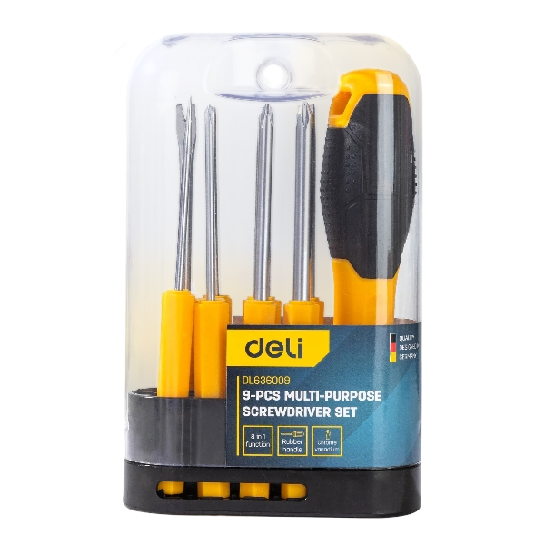 Deli Comfort Grip Magnetic Screwdriver Set, Yellow 9 Pieces