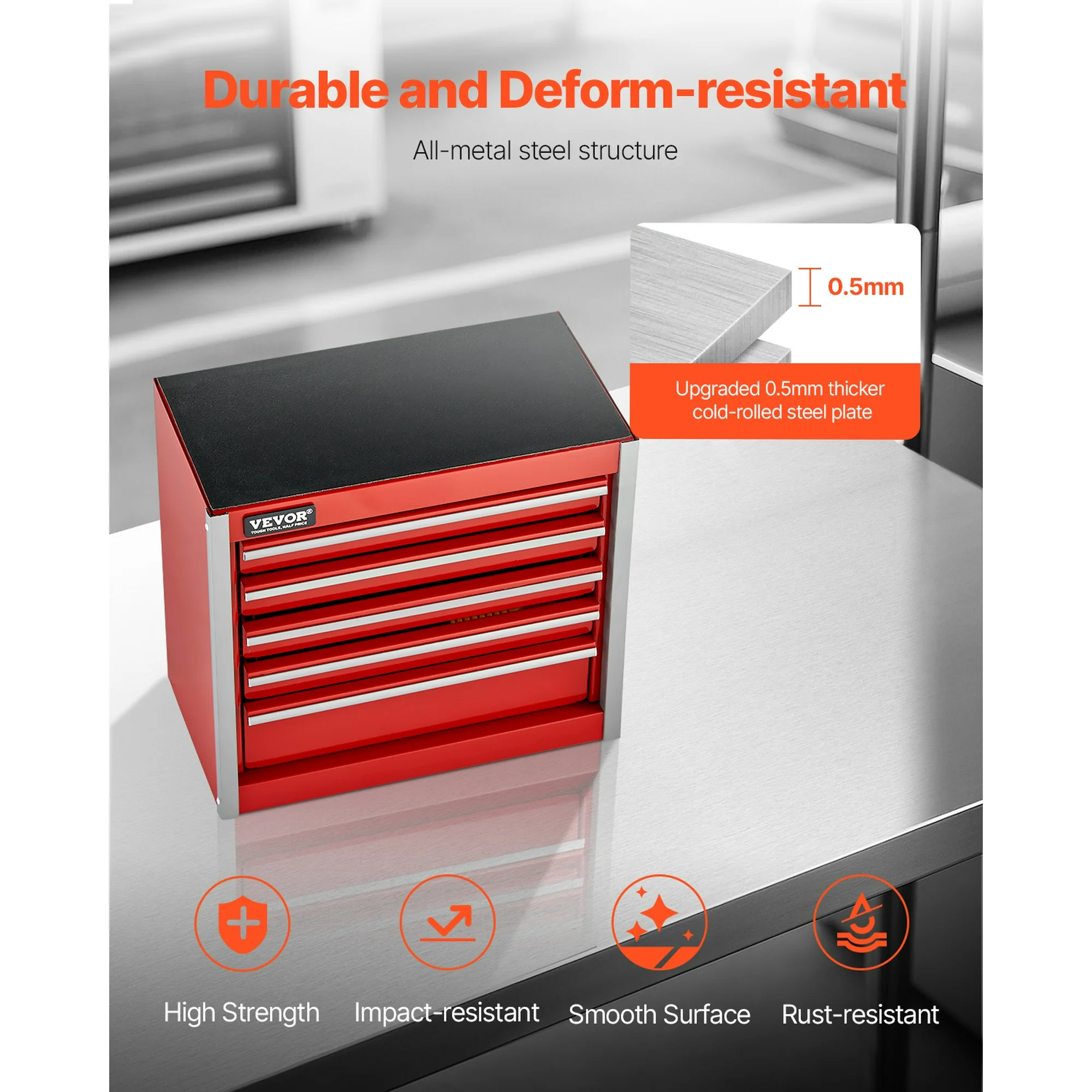 VEVOR Metal Tool Box, 8.6-inch, Portable Metal Tool Box with 5 Drawers, Small Tool Chest with EVA Liners and PP Feet Pads, Heavy-Duty Steel With Ball Bearing Opening and Powder Coated Finish, Red - Image 4