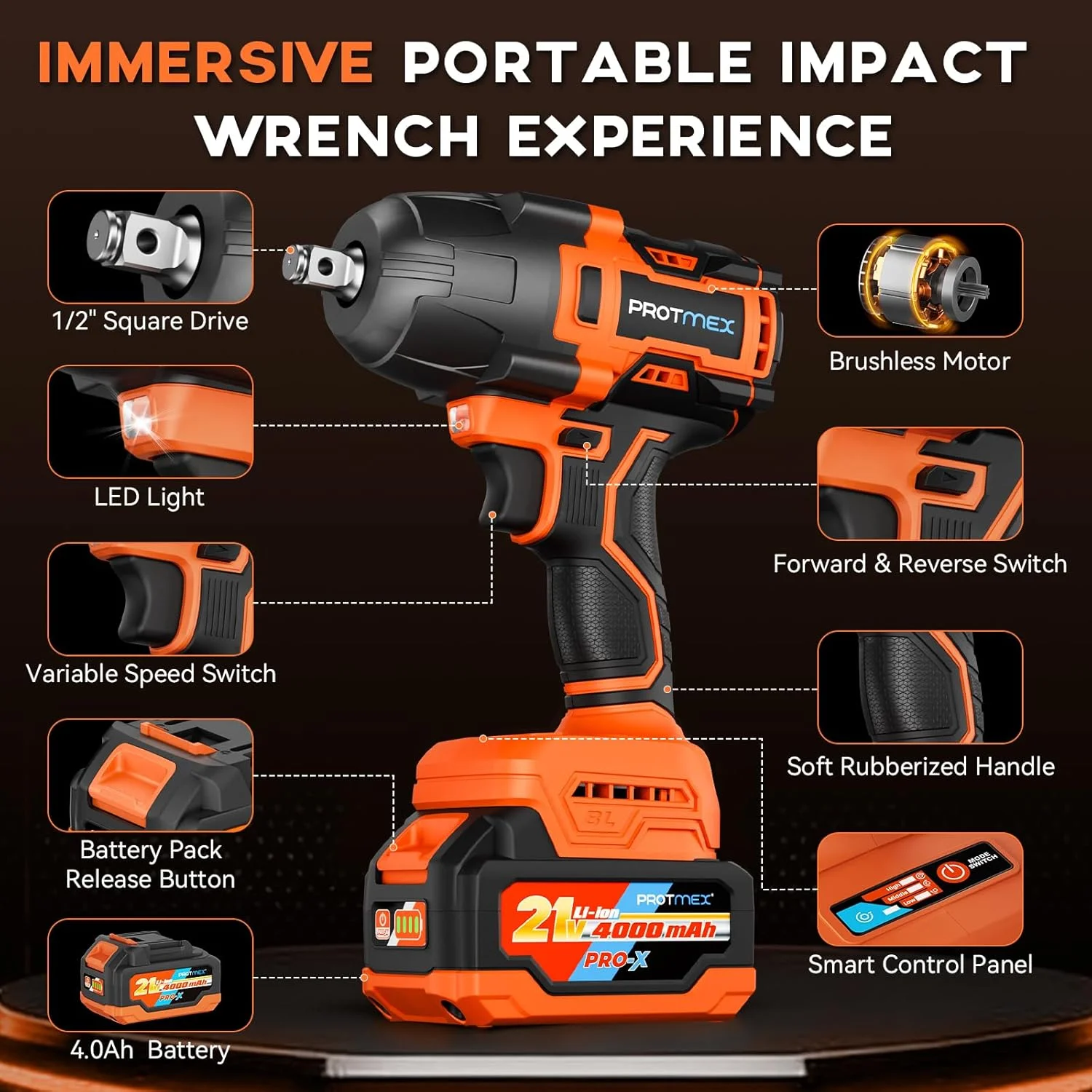 Protmex Cordless 900Ft-lbs Impact Wrench, 4000mAh Battery, 3500 RPM - Image 7