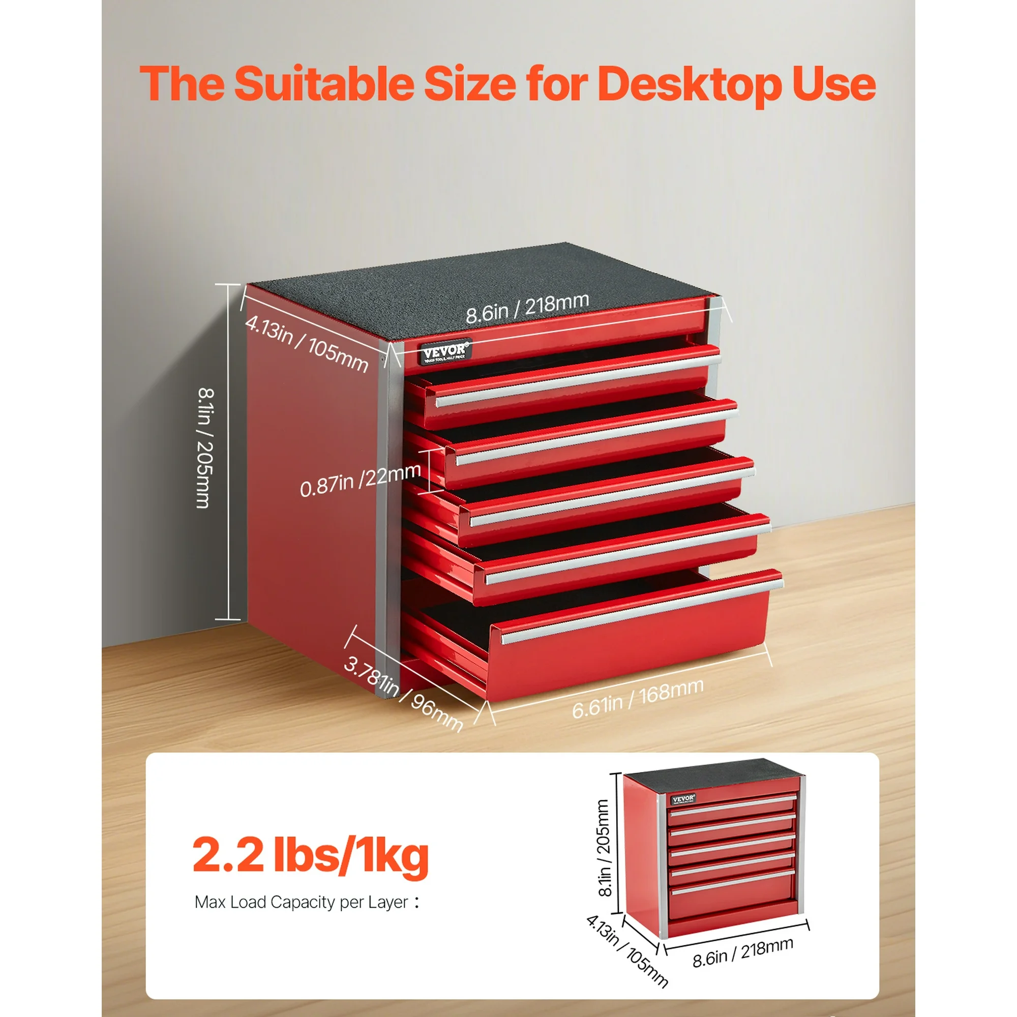 VEVOR Metal Tool Box, 8.6-inch, Portable Metal Tool Box with 5 Drawers, Small Tool Chest with EVA Liners and PP Feet Pads, Heavy-Duty Steel With Ball Bearing Opening and Powder Coated Finish, Red - Image 8