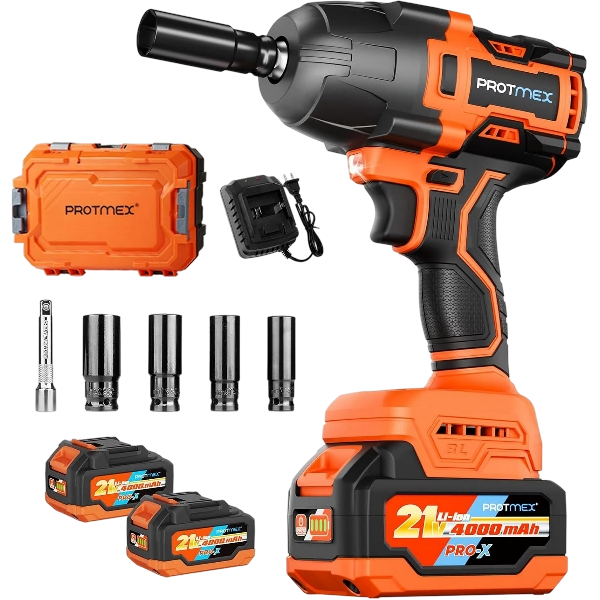 Protmex Cordless 900Ft-lbs Impact Wrench, 4000mAh Battery, 3500 RPM